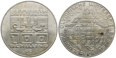 Австрия 100 шиллингов 1974 XII зимние Олимпийские игры в Инсбруке, лыжник KM 2928 серебро 413-4214