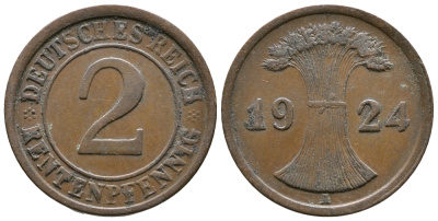 ГЕРМАНИЯ 2 РЕНТЕНПФЕННИГА 1924 A KM 31, J.307 бронза 73-1324