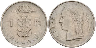 Бельгия 1 франк 1953 Belgie KM 143.1 медно-никель    4187-123