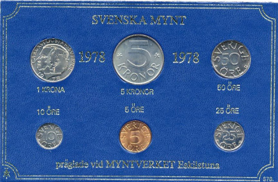 Швеция набор монетного двора из 6 монет 1978 в картоне, Карл XVI Густав (1973- ) KM MS8 UNC 7-5-7-232