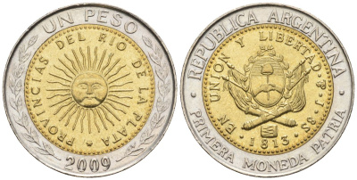 Аргентина 1 песо 2009 майское солнце, 8 эскудо 1813 KM 112.1, CJ 6.16.1, Schon 113  биметалл    60-622