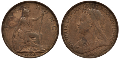 Великобритания 1 фартинг 1895 Виктория (1837-1901) KM 788.1, Spink 3963 бронза aUNC 1523-1233