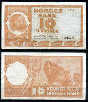 Норвегия 10 крон 1971 Кристиан Микельсен, шхуна, серия C, подписи: Wold & Qdegaard Pick 31f бумага 8621-40-1-1