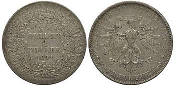 Франкфурт 2 талера = 3 1/2 гульдена 1854 Jaeger 23, Thun 131, AKS 2, Kahnt 182, KM 329, Davenport 641 серебро 00-815-55