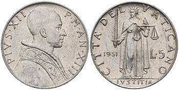 Ватикан 5 лир 1951 Папа Пий XII KM 51 алюминий 4189-542