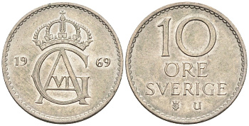 Швеция 10 эре 1969 Густав VI Адольф (1950-1973) KM 835 медно-никель UNC 4585-369