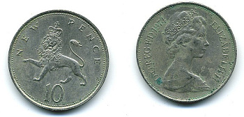 Великобритания 10 пенсов 1974 Елизавета II (1952-2022) KM 912, Spink 4231 (F1) медно-никель  4110-1333