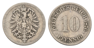 Германия 10 пфеннигов 1876 A, Вильгельм I (1871-1888) KM 4, J. 4 медно-никель 4636-538