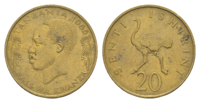 Танзания 20 центов 1966 KM 2 никель латунь 4620-927