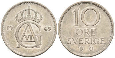 Швеция 10 эре 1969 Густав VI Адольф (1950-1973) KM 835 медно-никель UNC 4585-369