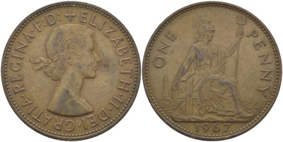 Великобритания 1 пенни 1967 Елизавета II (1952-2022) KM 897, Spink 4157 бронза 97-1115