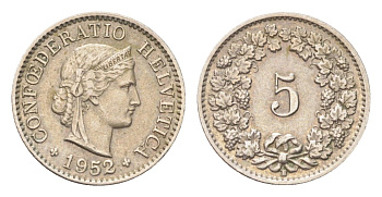 Швейцария 5 раппенов 1952 B KM 26 медно-никель 4705-1245
