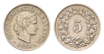 Швейцария 5 раппенов 1952 B KM 26 медно-никель 4705-1245