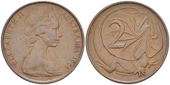 Австралия 2 цента 1966 Елизавета II (1952-), плащеносная ящерица KM 63 бронза 4519-431