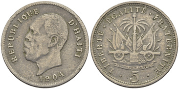 Гаити 5 сантимов 1904 Президент Пьер Нор Алексис KM 53 медно-никель 4387-434