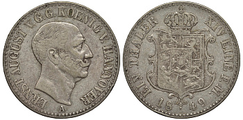 Брауншвейг-Каленберг-Ганновер 1 талер 1849 A, Эрнст Август (1837-1851) КМ 197.1, Jaeger 71, Thun 166, AKS 105, Kahnt 232 серебро 1520-924