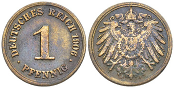ГЕРМАНИЯ 1 ПФЕННИГ 1906 F KM 10, Jager. 10, Weege 2 медь 4528-1238