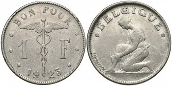 Бельгия 1 франк 1923 Belgique, Альберт I (1909-1934) KM 89 никель 51-1927