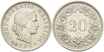 Швейцария 20 раппенов 1969 В KM 29а медно-никель 4511-1251