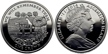 Остров Вознесения 1 крона 2014 в память героев первой мировой войны, кладбище KM NEW серебро PROOF 1071-1-64