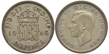 Великобритания 6 пенсов 1946 Георг VI (1936-1952) KM 852, Spink 4084 серебро 4538-625