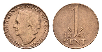 Нидерланды 1 цент 1948 Вильгельмина (1890-1948), год тип KM 175 бронза 4627-722