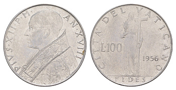 Ватикан 100 лир 1956 Пий XII KM 55 нержавеющая сталь UNC 4648-133