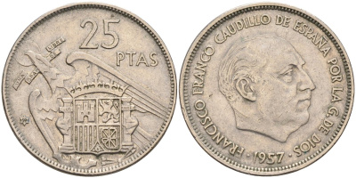 Испания 25 песет 1957(59) Франциско Франко (1939-1975) KM 787 медно-никель 4583-1042