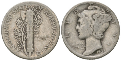 США 10 центов (дайм) 1937 KM 140 серебро 3334-1217