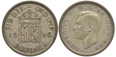 Великобритания 6 пенсов 1946 Георг VI (1936-1952) KM 852, Spink 4084 серебро 4538-625
