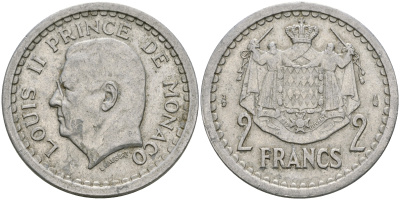 Монако 2 франка 1943 Луи II (1922-1949) KM 121 алюминий 08-615