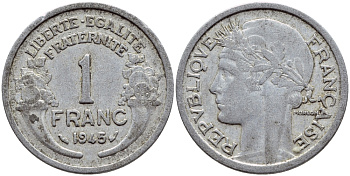 ФРАНЦИЯ 1 ФРАНК 1945 KM 885а.1 алюминий 4397-652