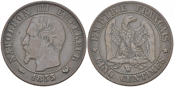 ФРАНЦИЯ 5 САНТИМОВ 1855 W, НАПОЛЕОН III (1852-1870) KM 777.7, LA FRANC 116.28 бронза 77-233