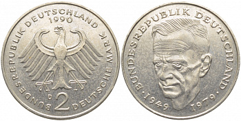 ФРГ 2 МАРКИ 1990 D, КУРТ ШУМАХЕР KM 149, J. 424 медно-никель плакированный никелем 3856-413