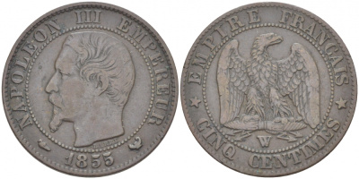 ФРАНЦИЯ 5 САНТИМОВ 1855 W, НАПОЛЕОН III (1852-1870) KM 777.7, LA FRANC 116.28 бронза 77-233