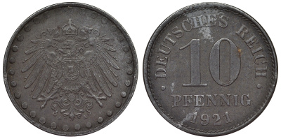 Германия 10 пфеннигов 1921 A KM 20, J. 298 железо 4119-124