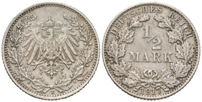 Германия 1/2 марки 1917 E, Вильгельм II (1888-1918) KM 17 серебро 100-638