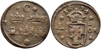 Швеция 1/4 эре 1654 Кристина (1632-1654) KM 188 медь 4394-943