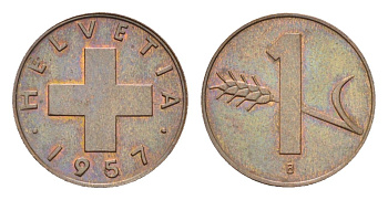 Швейцария 1 раппен 1957 B KM 46 бронза 4708-245