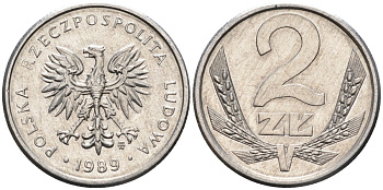 Польша 2 злотых 1989 MW, Народная Республика KM 80.3, Parchimowicz 219a алюминий UNC 4580-763