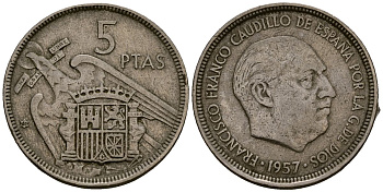 Испания 5 песет 1957 Франсиско Франко (1939 - 1975) KM 786 медно-никель 4177-855
