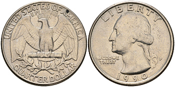 США 25 центов = квотер 1990 P, Вашингтон KM А164а медь плакированная медно-никелем    08-552