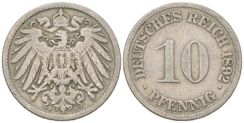Германия 10 пфеннигов 1892 F, Вильгельм II (1888-1918) KM 12, J. 13 медно-никель 4615-744