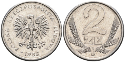 Польша 2 злотых 1989 MW, Народная Республика KM 80.3, Parchimowicz 219a алюминий UNC 4580-763
