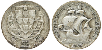 Португалия 2,5 эскудо 1946 парусник KM 580 серебро 51-4033