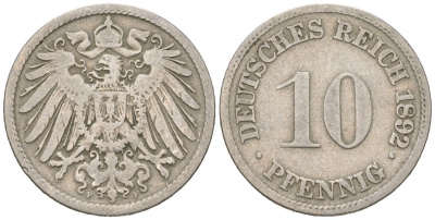 Германия 10 пфеннигов 1892 F, Вильгельм II (1888-1918) KM 12, J. 13 медно-никель 4615-744