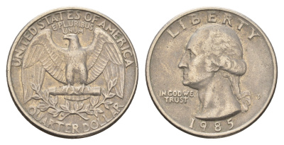 США 25 центов (квотер) 1985 P, Джордж Вашингтон KM А164а медь плакированная медно-никелем 4681-216