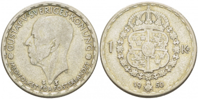 Швеция 1 крона 1950 TS, Густав VI Адольф (1950-1973) KM 814 серебро 175-1123