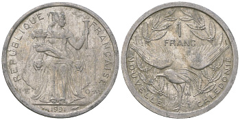 Французская Новая Каледония 1 франк 1991 птица кагу, (IEOM) KM 10, Schoen 10, Lec 51 алюминий 53-842