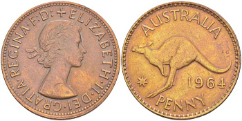 АВСТРАЛИЯ 1 ПЕННИ 1964 m, ЕЛИЗАВЕТА II (1953-), КЕНГУРУ KM 56 бронза 4521-113